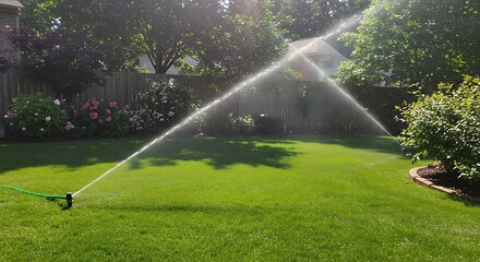 Sunlight Drenching Lush Lawn: Sprinkler Watering on a Summer Day AI Generated