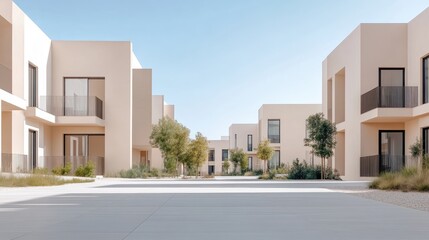 Obraz premium Modern beige residential buildings arranged in a courtyard style, with landscaping and a paved walkway