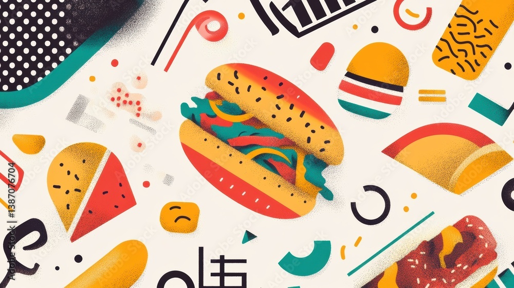 Poster colorful memphis-style pop-art design featuring abstract food shapes and geometric elements