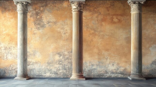 Ancient Roman columns against aged textured wall in warm earthy tones.