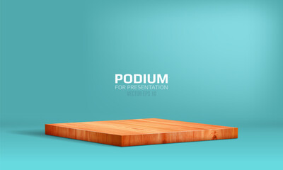 Wooden podium on light background. Empty pedestal for product presentation. Minimalist platform concept with wooden texture. Vector illustration.