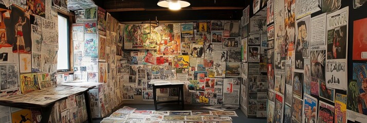 Fototapeta premium Room interior with walls covered in posters and a small