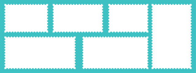 White postage stamps set. Post stamp frames and borders. Rectangle template for mail, postcard, letter, note. Jagged wavy edge forms.  Post stamps collection. Vector illustration 
