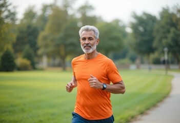 Fototapeta premium Active Senior Man Jogging in Park Wearing Bright Orange Sportswear.
