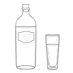 Vector Illustration of a tall bottle and a glass. Hand drawn outlined corcked bottle with an alcohol beverage and a half full shot glass