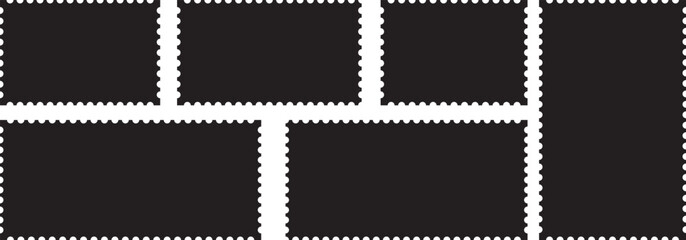Black postage stamps set. Post stamp frames and borders. Rectangle template for mail, postcard, letter, note. Jagged wavy edge forms.  Post stamps collection.