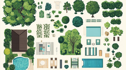 Landscape architecture plan design garden blueprint for outdoor living space top view visualization illustration