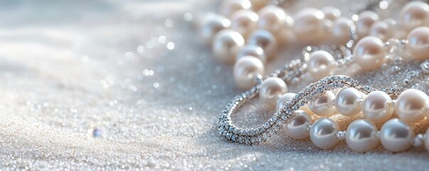Elegant Pearl Necklace on Glittering Surface