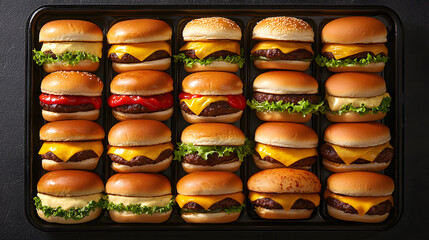 Top view freshly made burgers with juicy beef patties,  placed on a tray