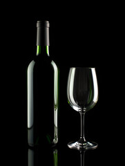 Elegant illustration features a bottle and glass of red wine. Dark background highlights the richness of drink. Empty wine glass, luxury beverage, alcohol for celebration or romantic