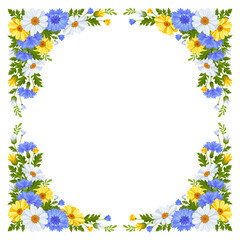 Floral frame with pattern of country flowers. Wildflowers vignette. Border with blue cornflowers, white and yellow chamomile, gerbera, leaves, buds isolated on white background. Vector illustration