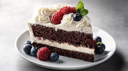 A slice of rich chocolate cake with whipped cream and berries. Featuring decadence and sweetness