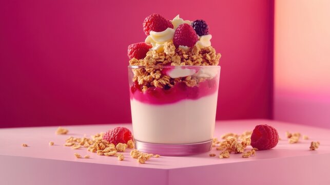 A smooth berry parfait with granola and yogurt. Featuring indulgence and freshness
