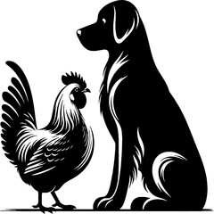 black and white sillhouette of a hen and dog isolated white background
