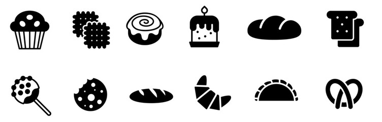 Set of bakery doodle illustration on black background. Hand-drawn bakery elements vector collection.