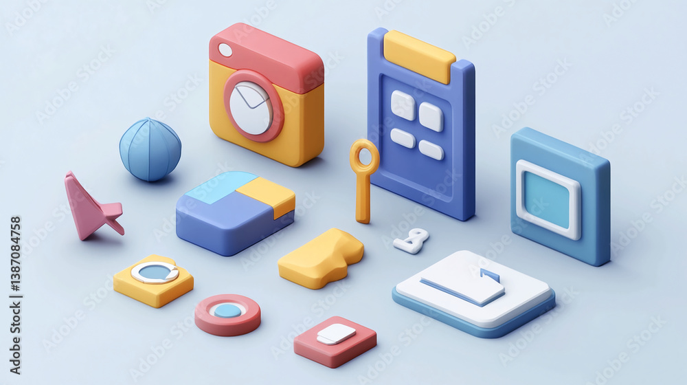 Poster isometric app icons ui ux design elements for mobile and web development interface design resources