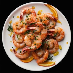 Cooked shrimp with herbs on white plate, garnished with parsley, set against a black background for contrast.