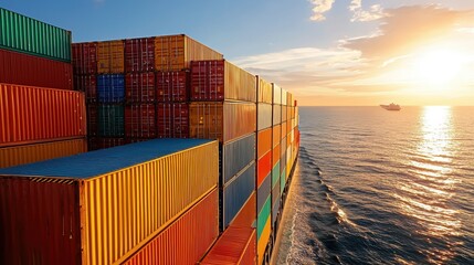 A vibrant scene showing stacked shipping containers on a cargo ship, with a stunning sunset reflecting on the calm sea.