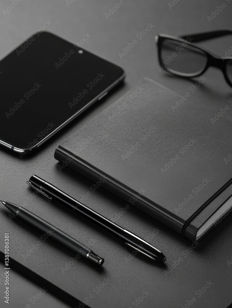 Poster Minimalist desk setup featuring notebook, smartphone, and pen in soft lighting for a productive workspace
