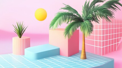 Colorful Tropical Landscape with Palm Trees and Geometric Shapes