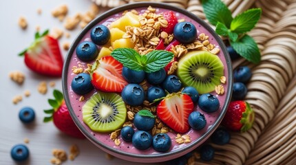 Vibrant Fruit Smoothie Bowl with Strawberries, Blueberries, Kiwi, Granola