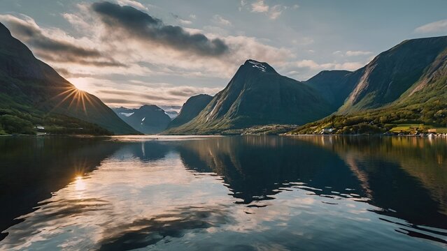 Stetind Mountain Peak Illuminated by Sunset Over Fjord Waters