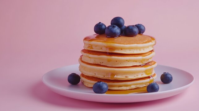 A stack of fluffy pancakes with blueberries and maple syrup. Featuring sweetness and comfort