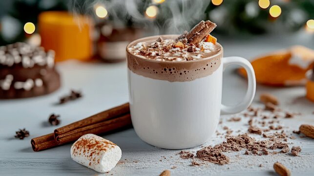 Hot chocolate in a white mug with cumin and a stick of cinnamon.