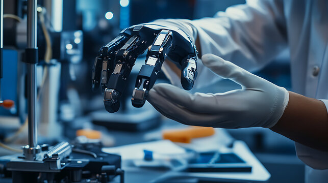 A biomedical engineer developing smart prosthetics with tactile feedback, high-tech lab with real-time sensor testing and motion simulation, Scientific style