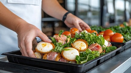 Preparing gourmet appetizers.  Hands arrange small, layered bites of eggs, prosciutto, and vegetables in plastic trays