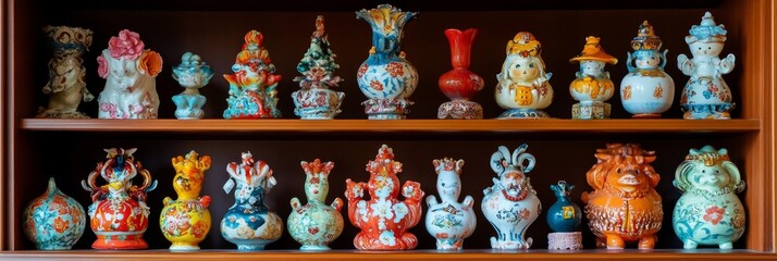 Fototapeta premium Two shelves filled with a collection of decorative colorful ceramic