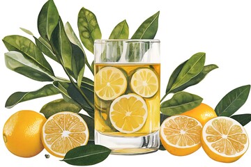Refreshing Lemon Drink in Glass Surrounded by Lemon Slices and Leaves
