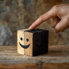 A man’s hand points at a wooden cube displaying a happy smiley face, symbolizing joy, decision-making, and positive thinking, perfect for motivational content, creativity, and personal growth

