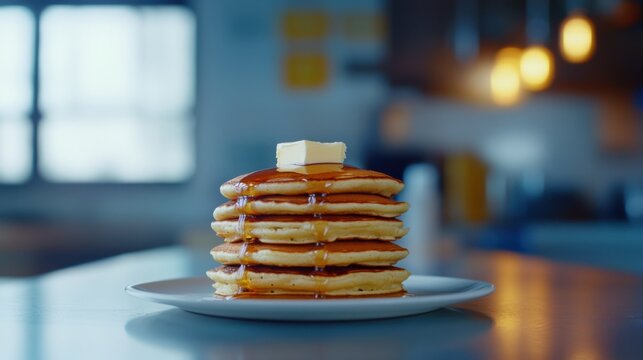 A stack of fluffy pancakes with syrup and butter. Featuring indulgence and comfort