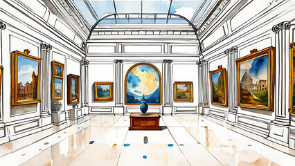 Exploring the Museum Gallery Watercolor Style Paintings in a Bright Hall