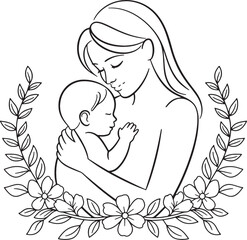 Mother holding a baby in her arms line art vector illustration isolated On  Transparent Background