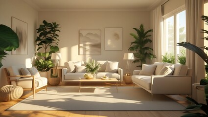 Modern Scandinavian Living Room Interior with Sunlight and Minimalist Furniture Design
