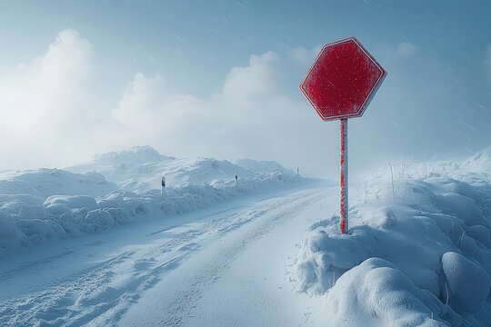 Snowcovered road with stop sign at dawn: a serene winter landscape capturing stillness and beauty