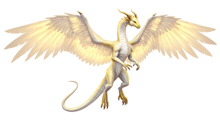 Fototapeta premium Dragon with White and Gold Wings Spreading Wide Preparing for Flight