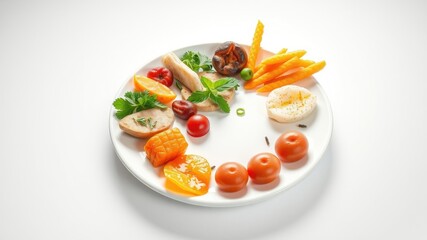 A vibrant and colorful arrangement of assorted foods on a pristine white plate