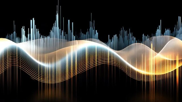 Harmonic Symphony: An evocative visual representation of sound waves and audio frequencies. The piece uses dynamic lines and vibrant colors against a dark background.