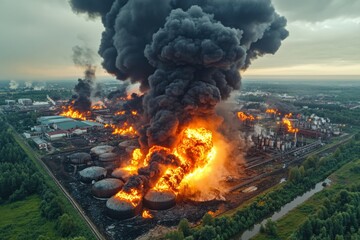 Black smoke billows from massive oil tank explosion at industrial site, engulfing area in flames