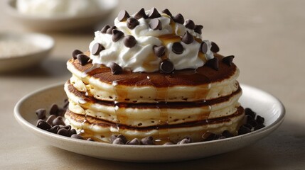 A stack of pancakes with chocolate chips, whipped cream, and syrup. Featuring indulgence and delight