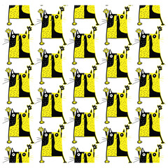Print pattern of  cartoon style black and yellow cats displayed in a repeating grid white background

