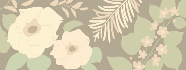 Floral background template. Hand drawn flowers and leaves. Botanical wallpaper. Modern, minimalist organic, eco backdrop. Natural package, wallpaper design. Vector illustration