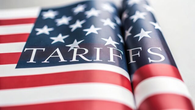 Reciprocal Tariffs. Import Tariffs USA 2025 American flag with the word "TARIFFS" prominently displayed.