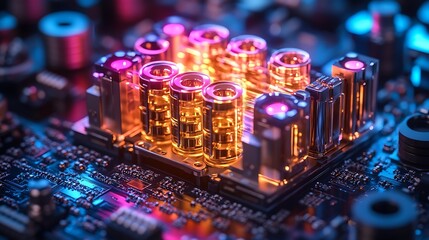 Obraz premium Quantum Computing Chamber with AI Data Streaming in Neon Colors – Quantum Gates Processing Complex Information Captured with Realistic Camera Effect