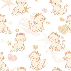 Seamless pattern with cute cats in the crown, with glitter. Pattern for girls, for textiles, children's clothing, overprint paper, prints.