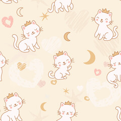 Cute Princess Cat Wearing Crown with pastel-colored hearts, stars, moons, on beige Background. Seamless Pattern