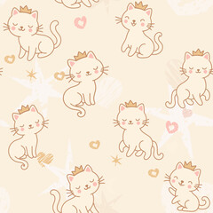 Seamless Pattern of Cute Princess Cat Wearing Crown with pastel-colored hearts, stars, on beige Background